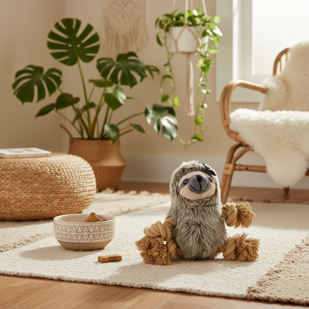Sloth plush rope toy in boho home setting with plants and dog bowl