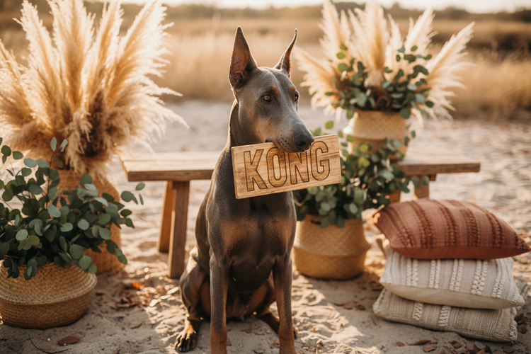Blue Doberman with Kong sign boho