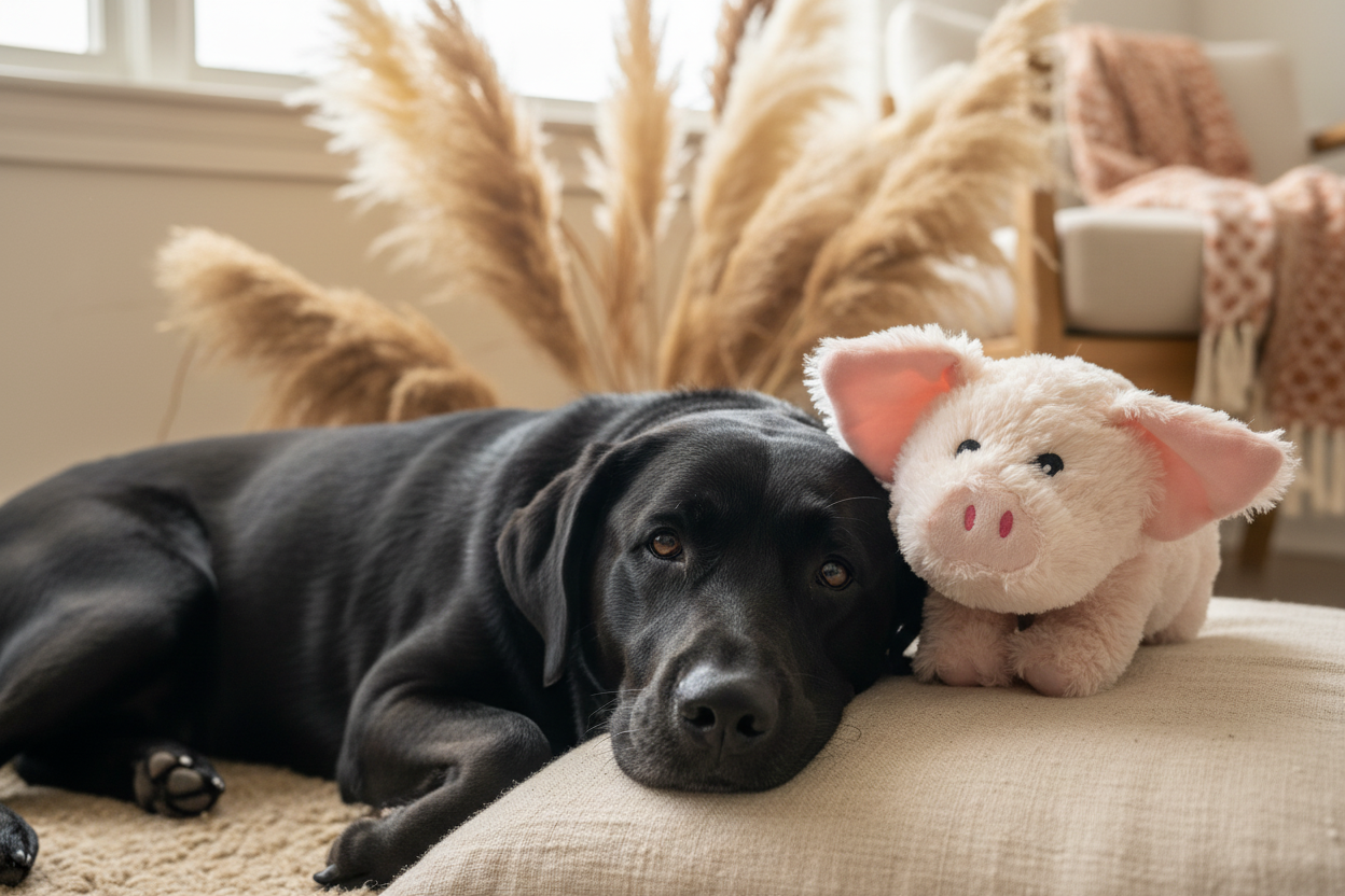 Boho Pig Plush with Peaceful Black Lab