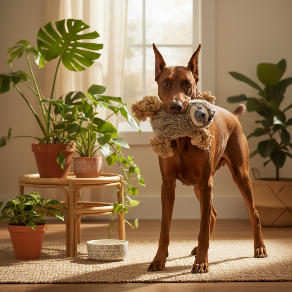 Red Doberman playing with sloth rope toy in boho home setting