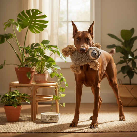 Red Doberman playing with sloth rope toy in boho home setting